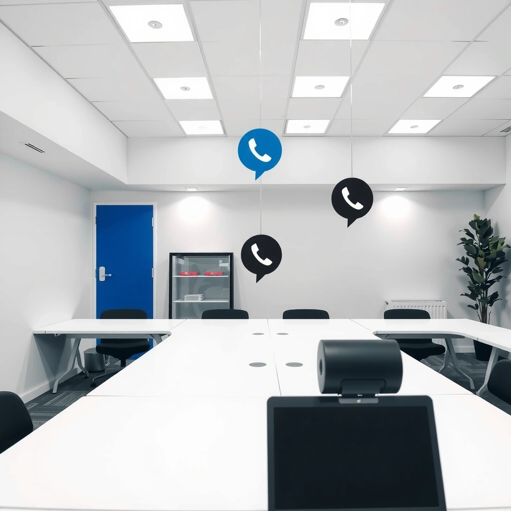 Modern office workspace with contact symbols