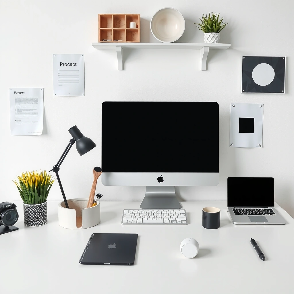 Clean minimalist workspace with design elements